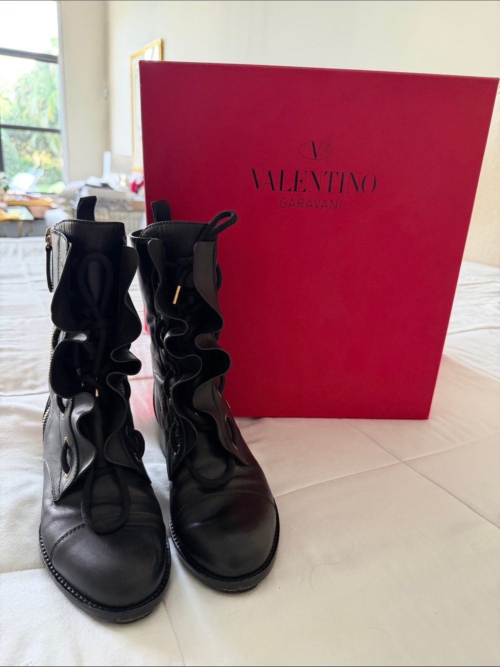 Valentino Black Leather Lace-Up Ruffle Ankle Boots